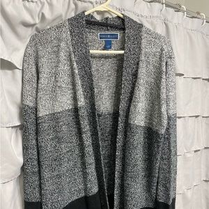Karen Scott long cardigan, black and gray horizontal stripes, size XL.